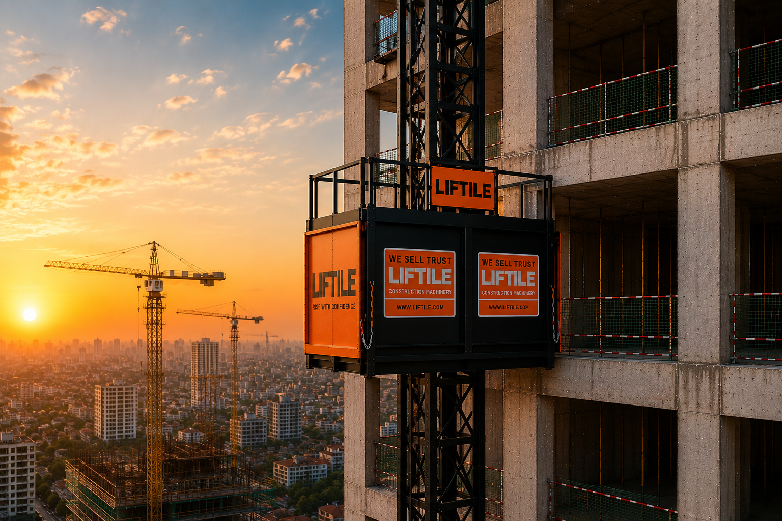 LIFTILE Multi Functional Tower Hoist at sunset on a high-rise construction site in India